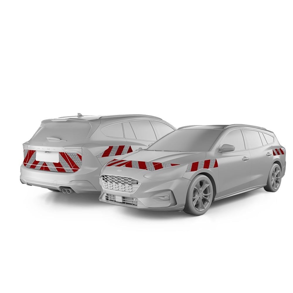 Ford Focus Turnier in Front- und Heckansicht mit Komplettwarnmarkierungssatz, Baujahr 2018