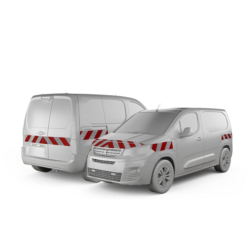 Peugeot (E-)Partner in Front- und Heckansicht mit Komplettwarnmarkierungssatz, Baujahr 2018