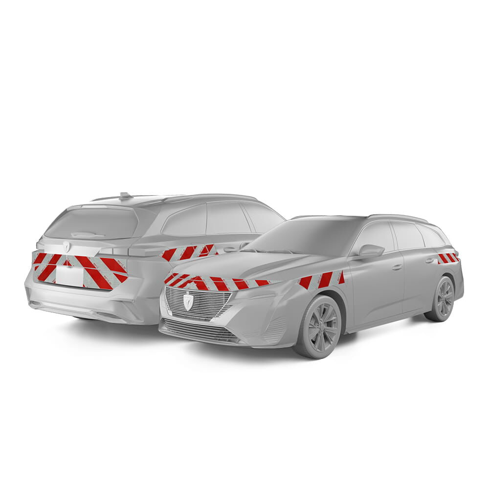 Peugeot 308 SW in Front- und Heckansicht mit Komplettwarnmarkierungssatz, Baujahr ab 2022