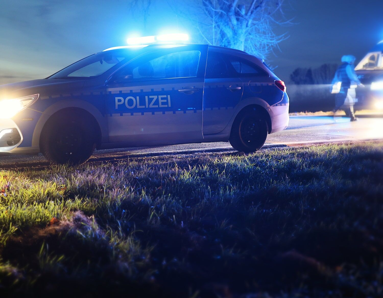 Polizeiauto mit eingeschaltetem Blaulicht bei Dämmerung auf einer verschneiten Wiese.