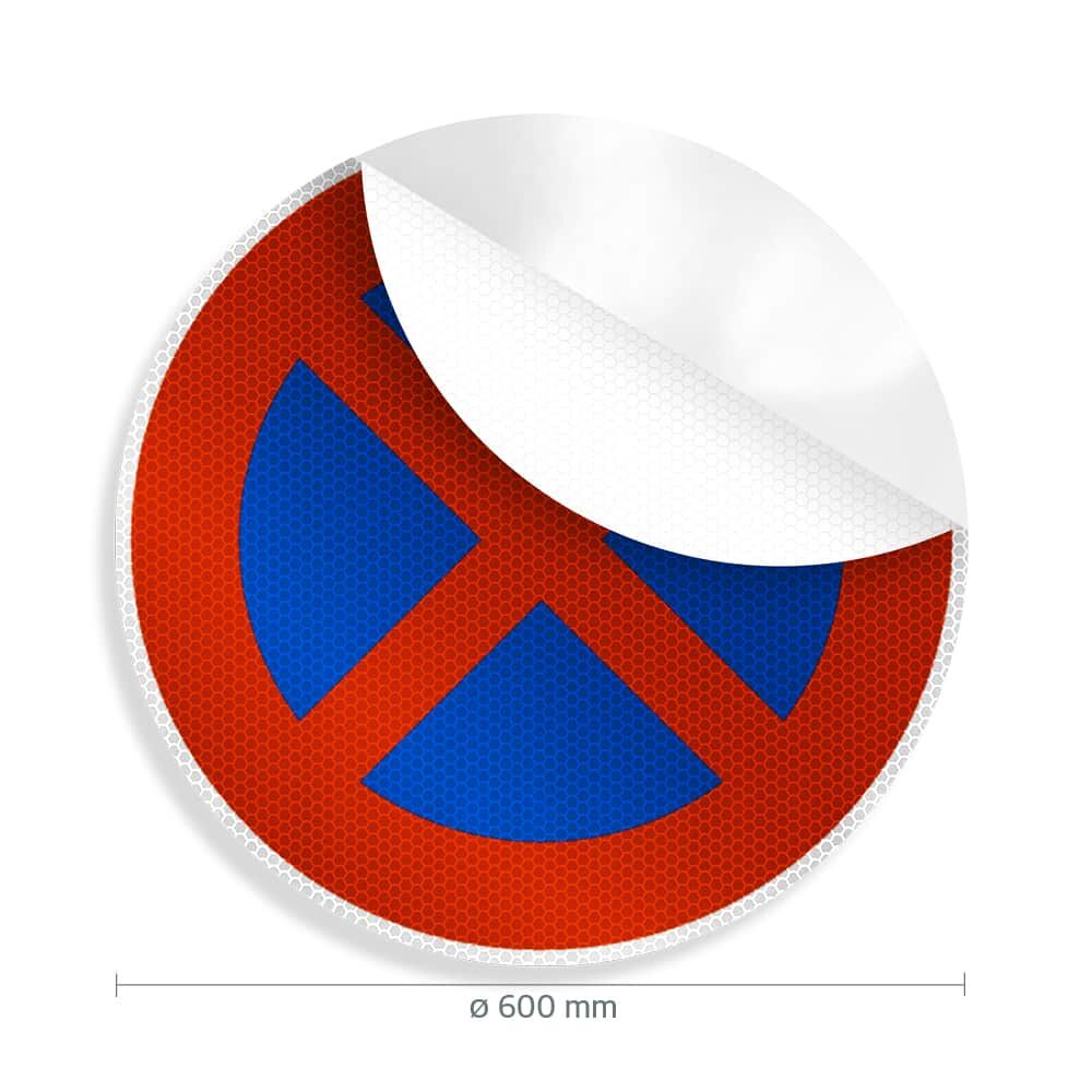 Halteverbot-Aufkleber rund, rot-blaues Kreuz, rückseitige Ecke abgezogen, Ø 600 mm