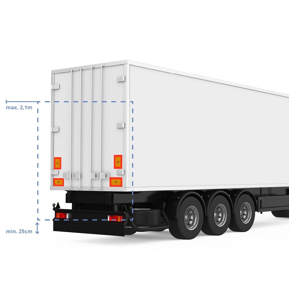 Montagebereich der Heckwarntafel-Viertelmarkierungen am LKW mit  Höhenangaben
