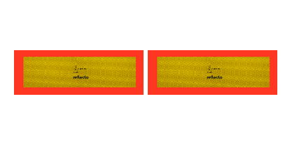 Zwei Heckwarntafel-Halbmarkierungen horizontal nebeneinander, jeweils mit rot reflektierendem Rahmen und gelb reflektierendem Innenteil.
