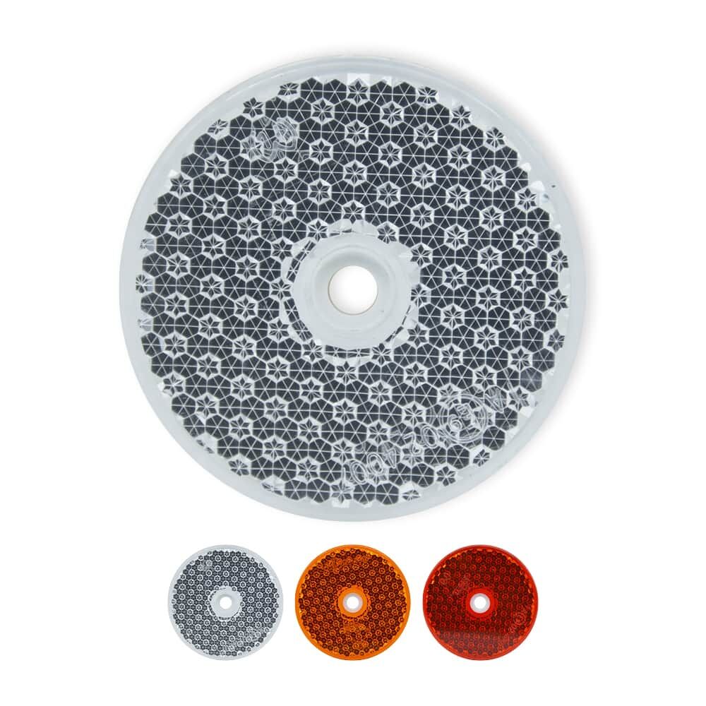 Reflektor Ø60 mm, silber mit Bohrloch, Varianten silber / orange / rot darunter