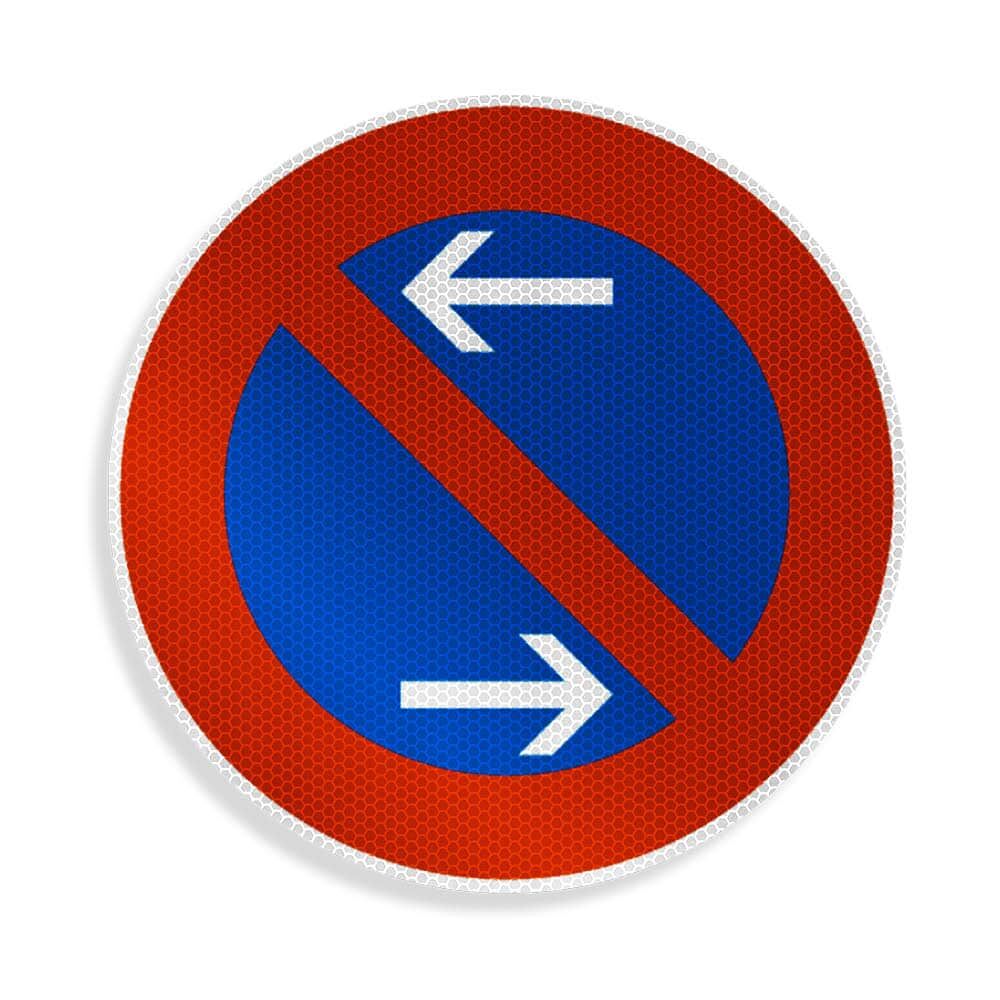 Rundes Schild „eingeschränktes Haltverbot“ mit Pfeil links oben, rechts unten