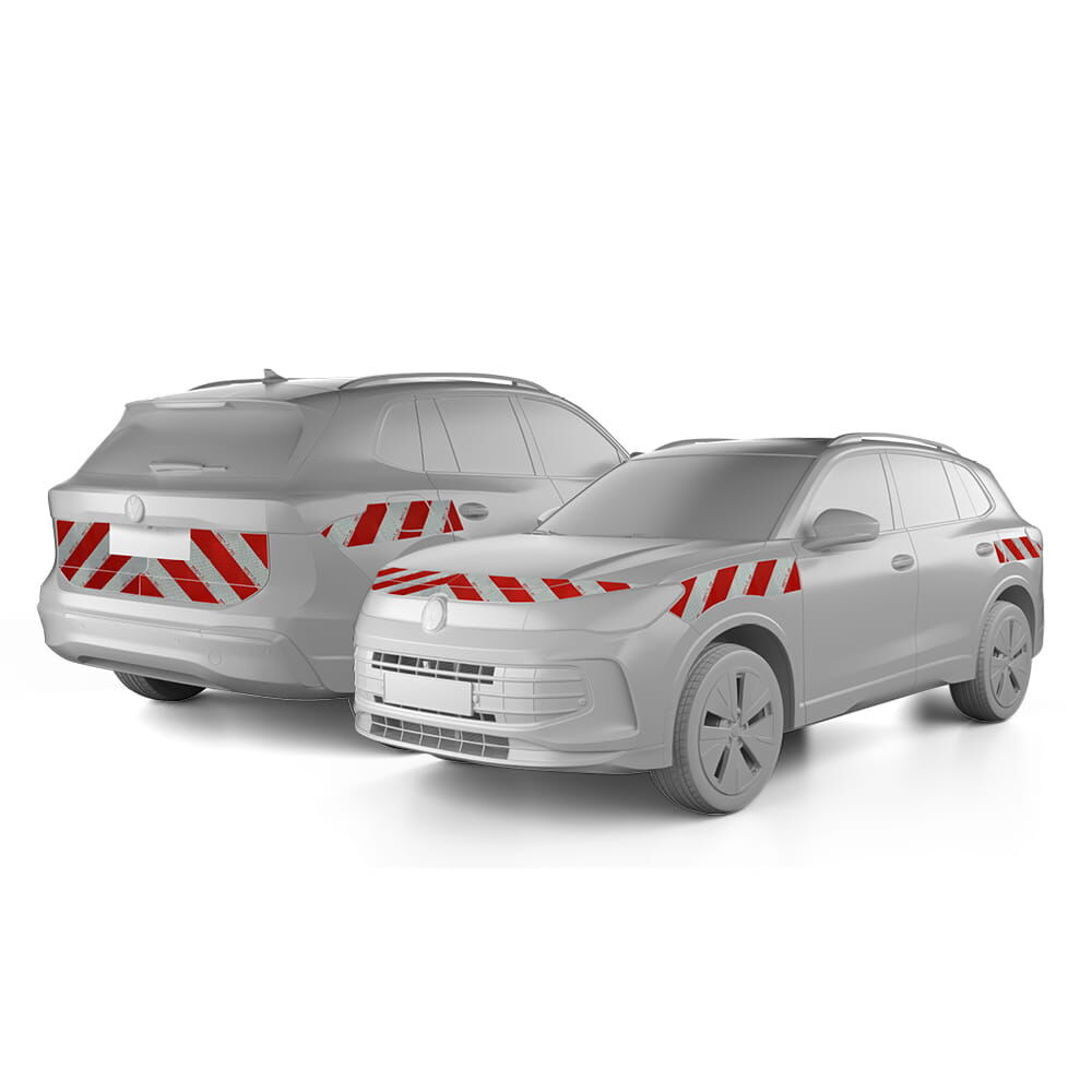 VW Tiguan III in Front- und Heckansicht mit Komplettwarnmarkierungssatz, Baujahr 2024