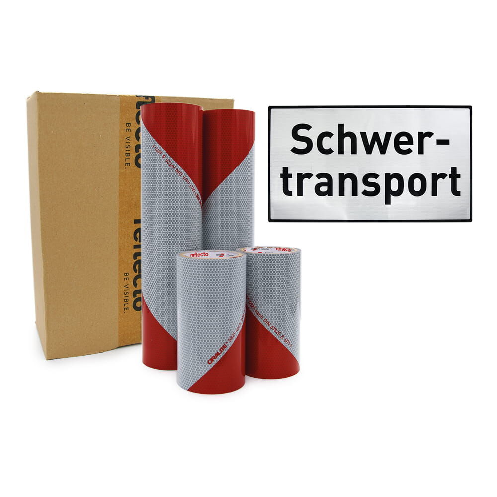 Paket mit Warnmarkierungsfolien und Schild „Schwertransport“