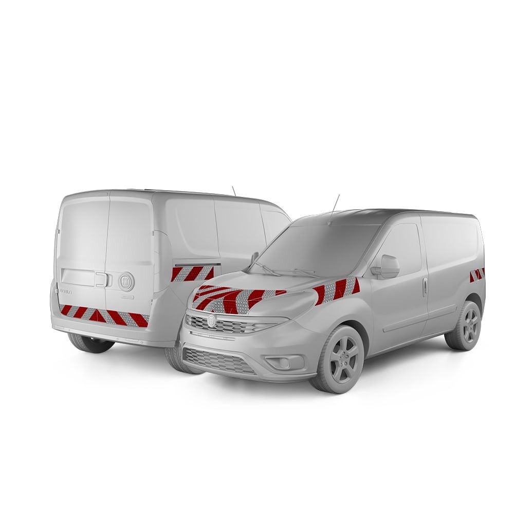 Fiat Doblo Cargo 263 in Front- und Heckansicht mit Komplettwarnmarkierungssatz, Baujahr 2015