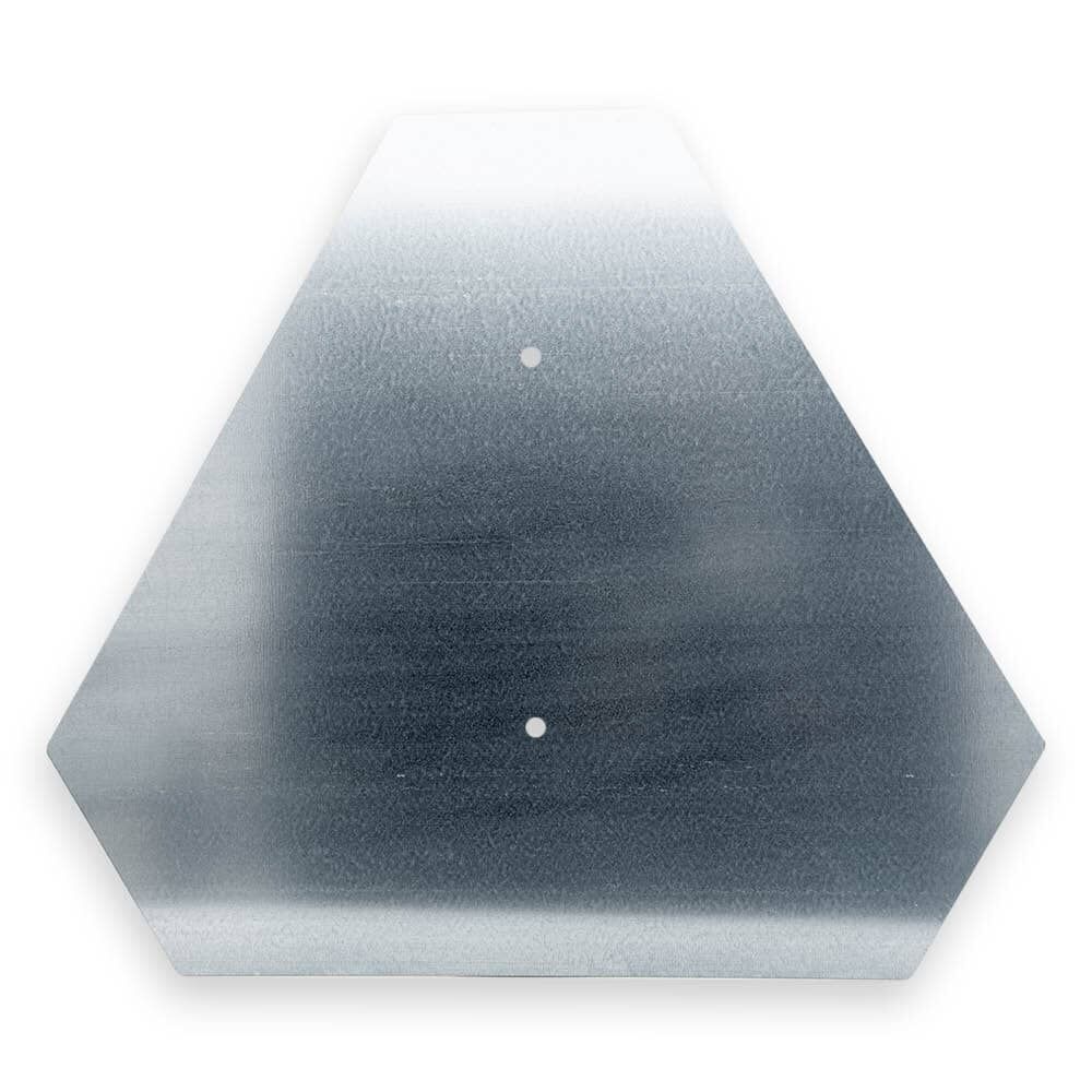 Rückseite der Warntafel aus Metall mit zwei mittigen Befestigungslöchern