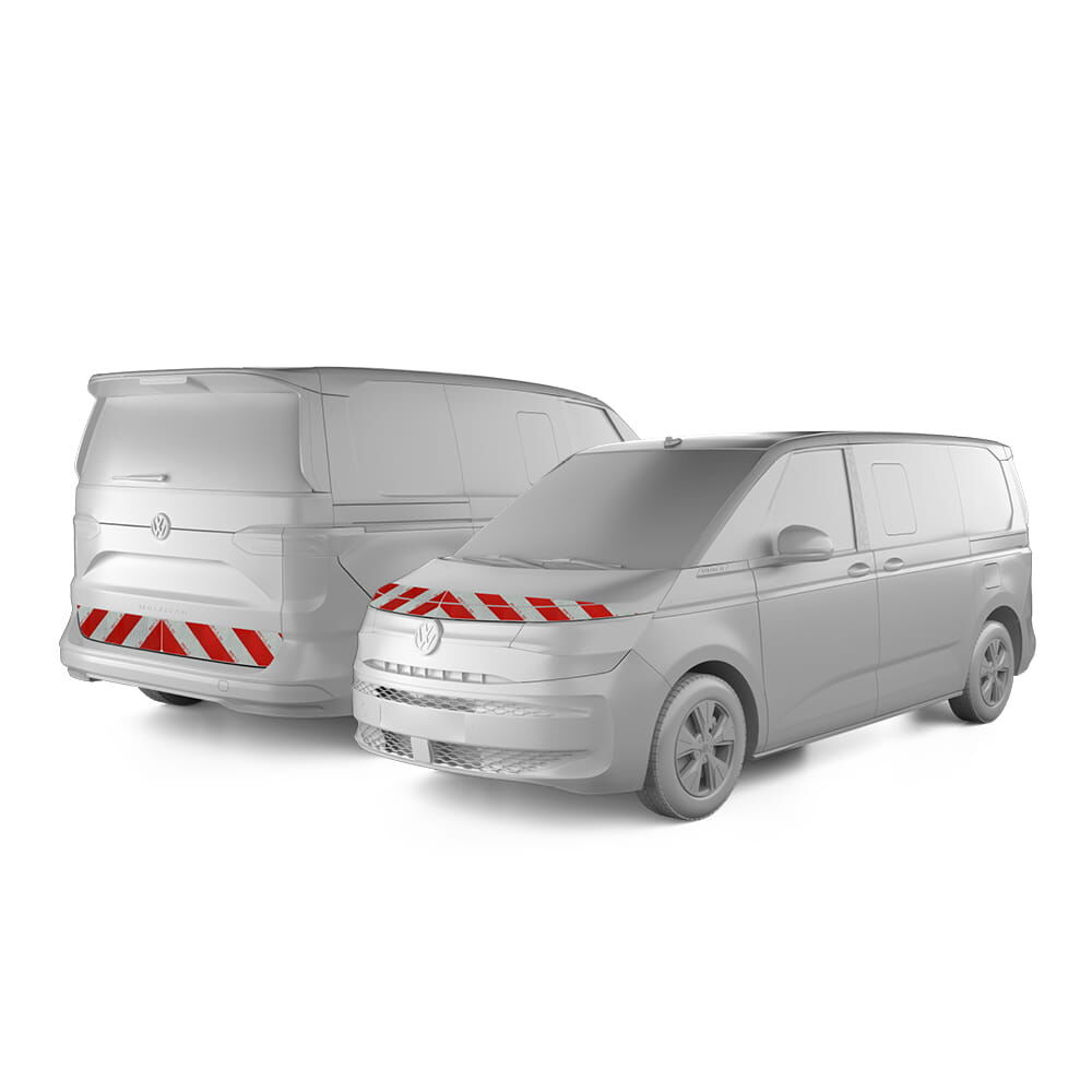 VW T7 Multivan in Front- und Heckansicht mit Komplettwarnmarkierungssatz, Baujahr 2021