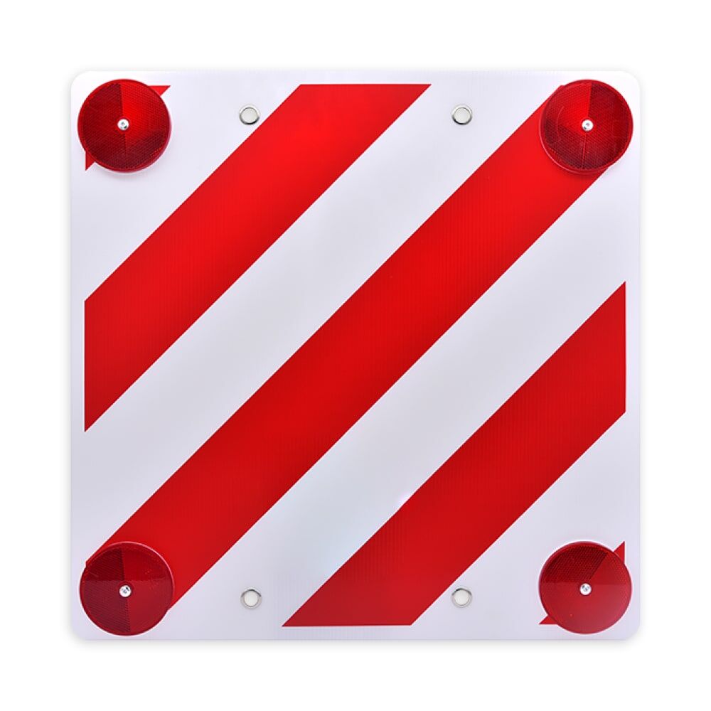 Warntafel rot/weiß diagonal mit 4 roten Reflektoren