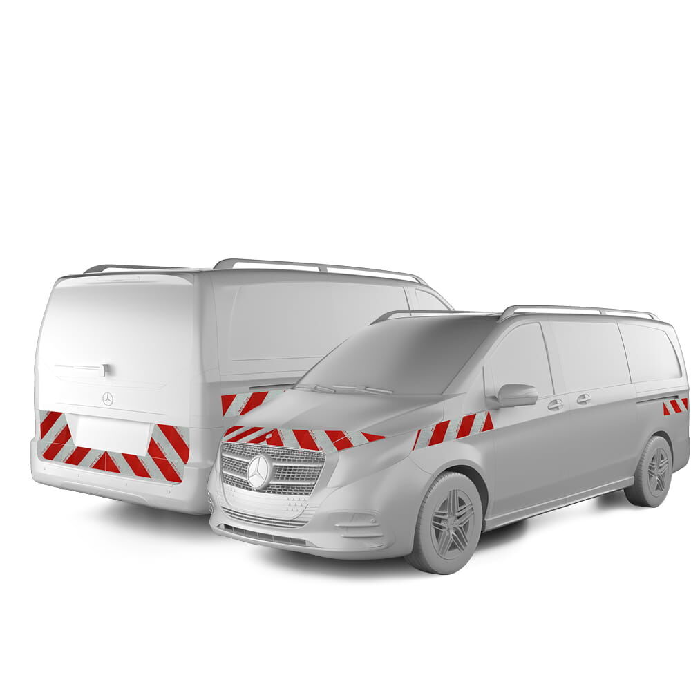 Mercedes Benz V-Klasse in Front- und Heckansicht mit Komplettwarnmarkierungssatz, Baujahr 2024