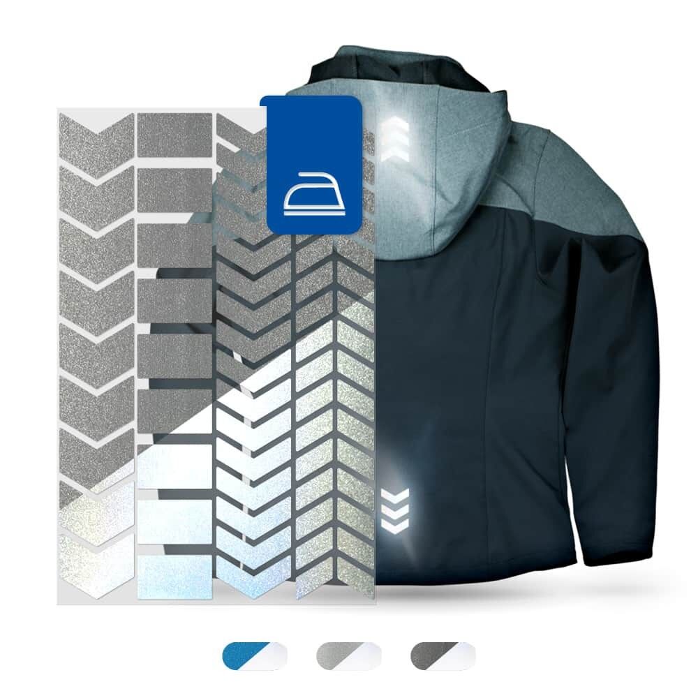 Reflektierendes Bügelbild-Set „Pfeile“, Farbe Schwarz, mit Beispiel-Aufbringung auf Jacke
Zwei Bögen