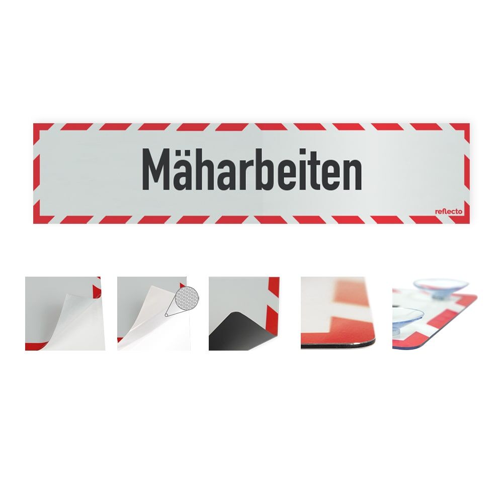 Hinweisschild „Mäharbeiten“ mit rot-weißem Rahmen, Variantenübersicht