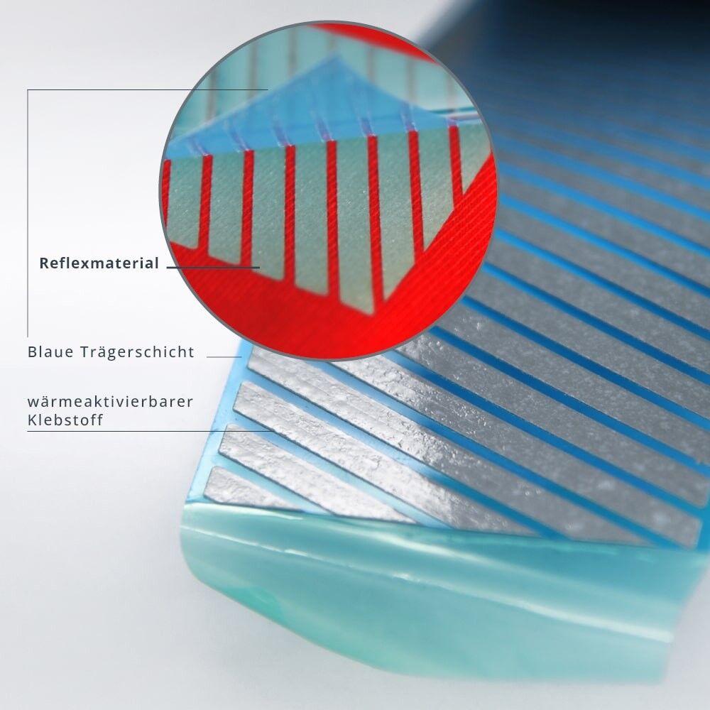 Querschnitt: Reflexsegment, blaue Trägerschicht und Kleber der 5510 Folie.