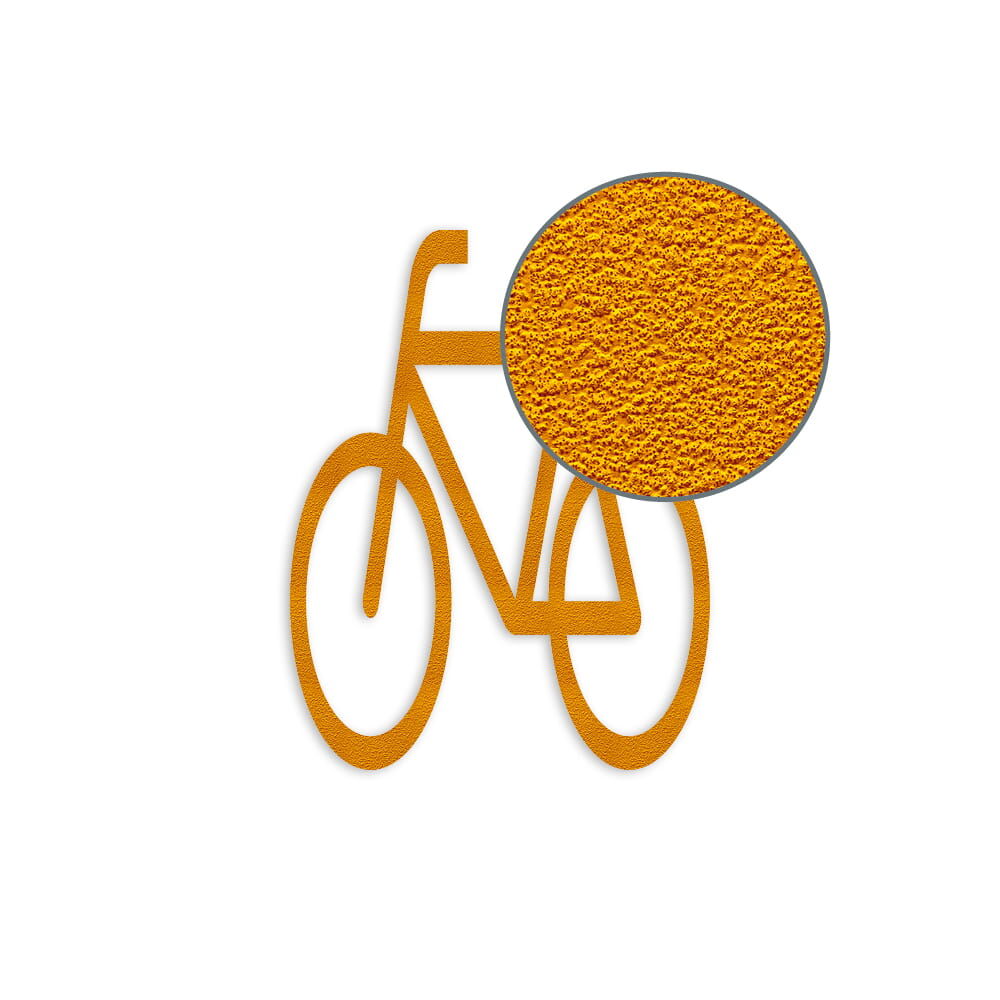Fahrrad-Piktogramm mit Vergrößerung der gelben 3M Stamark Oberfläche mit strukturierter Prägung