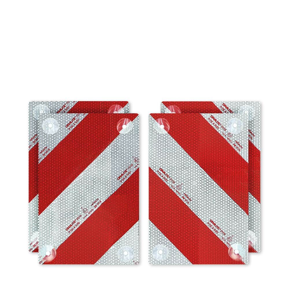 Vier Reflecto 5921M Warnmarkierungselemente mit rot-weißer RA2-Folie und Saugnapfbefestigung