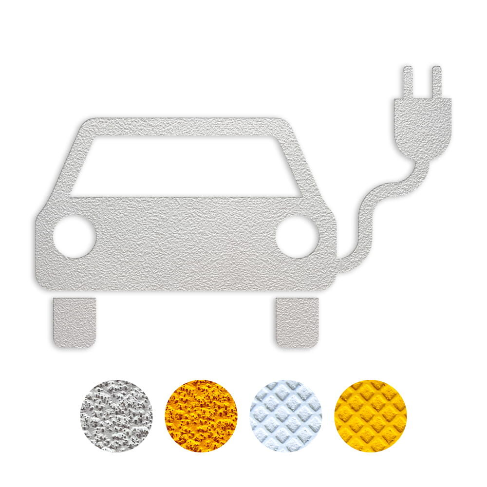 Selbstklebendes Fahrbahnpiktogramm "E-Auto", erhältlich in weiß und gelb, Verkehrsklasse P6 oder P7