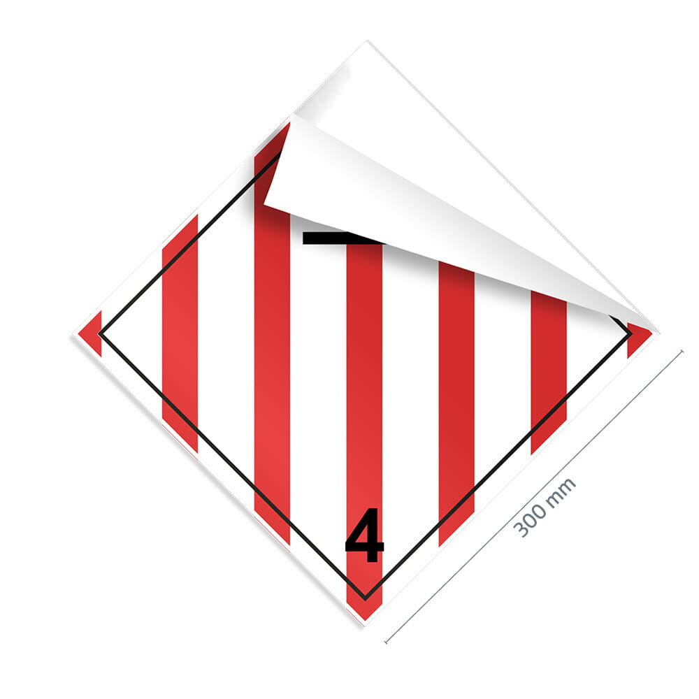 Gefahrgutzettel Klasse 4.1, 300×300 mm, Ecke gelöst zeigt flexible Klebefolie