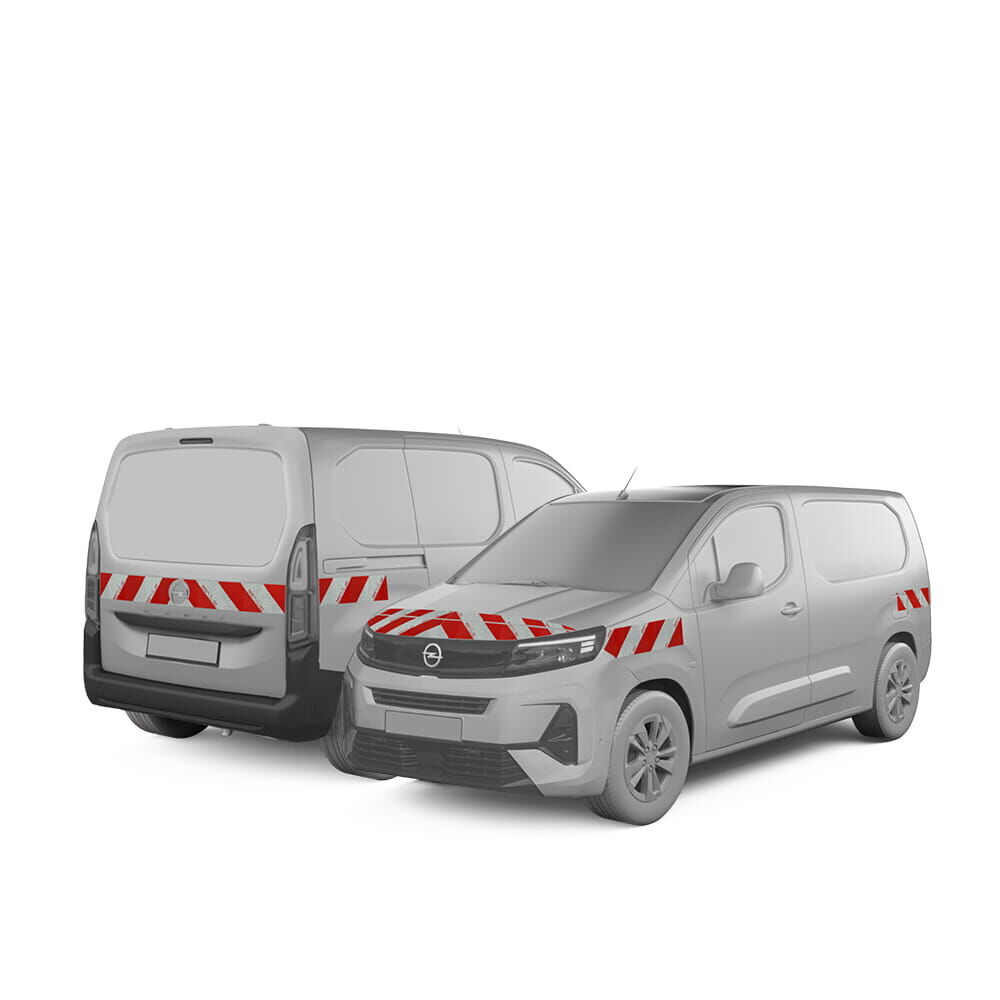 Opel Combo-e in Front- und Heckansicht mit Komplettwarnmarkierungssatz, Baujahr 2024