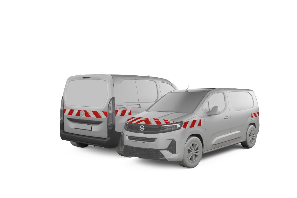 Opel Combo-e in Front- und Heckansicht mit Komplettwarnmarkierungssatz, Baujahr 2024