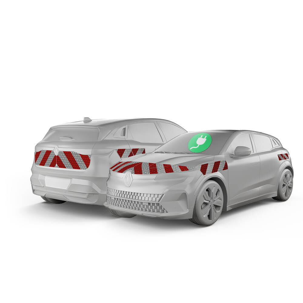 Renault Megane E-Tech Electric in Front- & Heckansicht mit Komplettwarnmarkierungssatz, Baujahr 2022