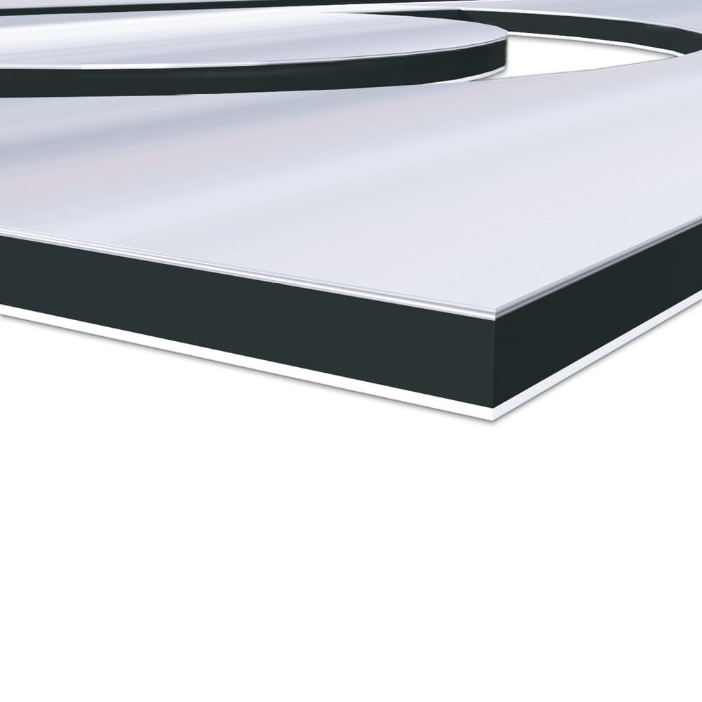 Nahaufnahme Materialkante, robuster Alu-Kern mit glatten Rändern