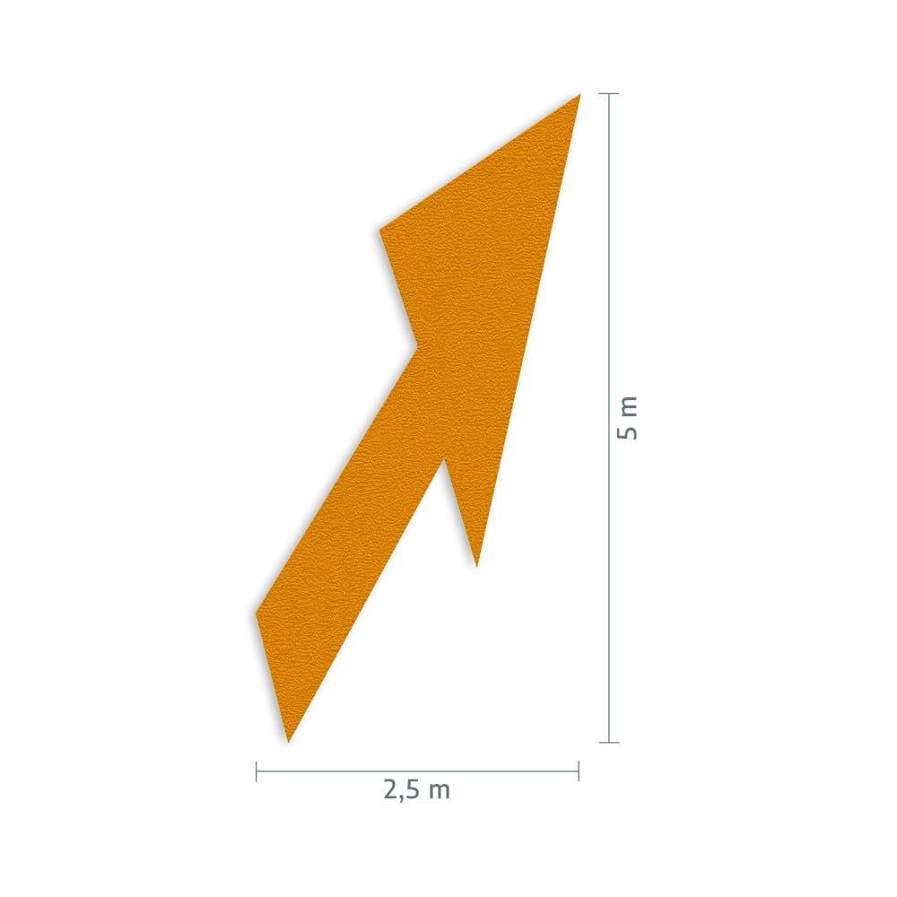 Maßgrafik des Pfeils: Breite 2,5 m, Höhe 5 m, Verkehrsklasse P6 in gelb