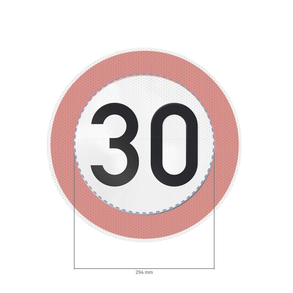 Overlay Verkehrszeichen 30 km/h mit Maßangabe Durchmesser 294 mm