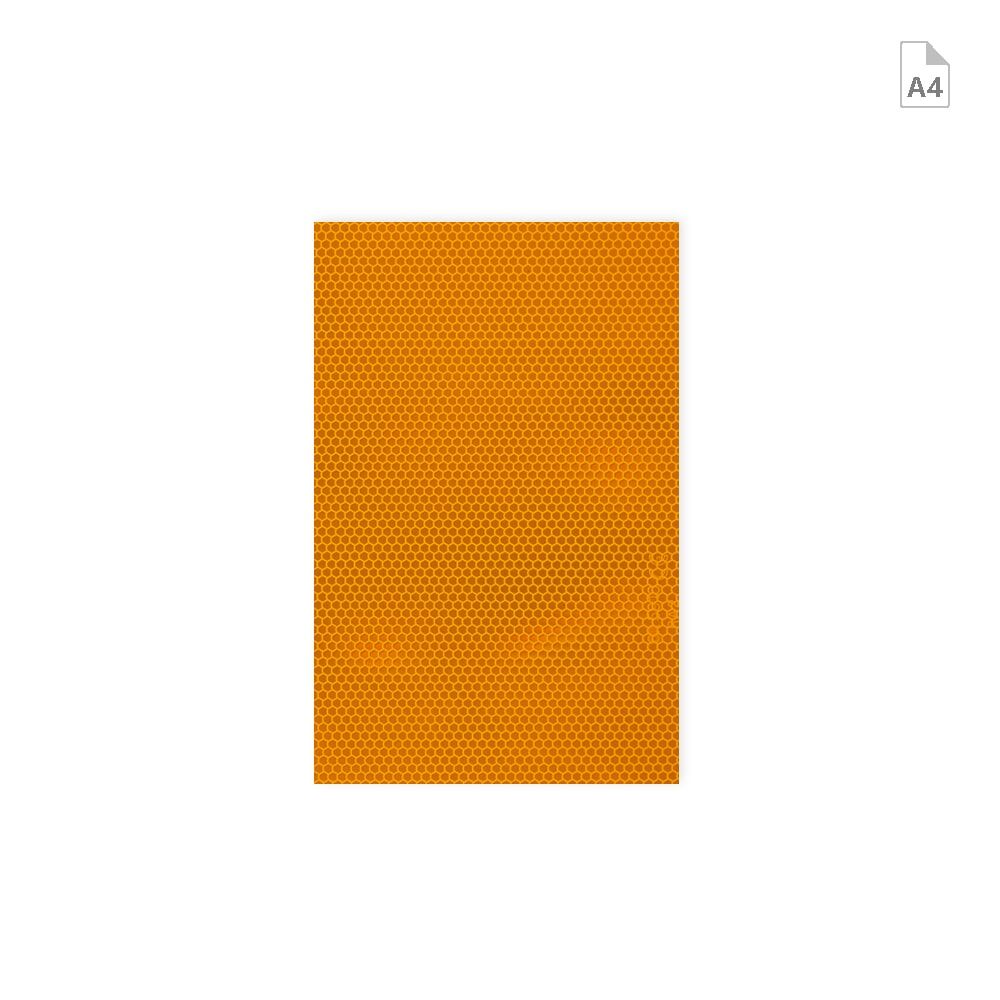 A4-Zuschnitt der Orafol 5910  Reflexfolie in fluor-orange, Vorderseite mit Mikroprismenstruktur