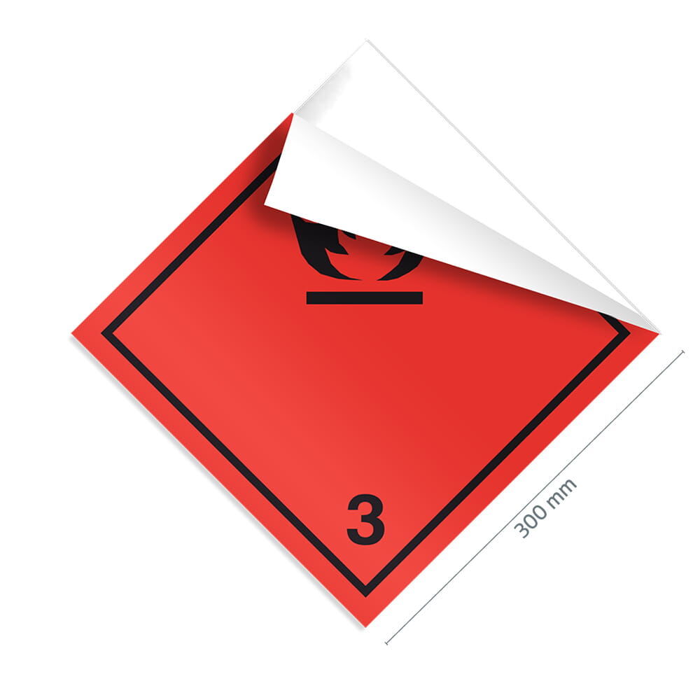 Gefahrgutzettel Klasse 3, 300×300 mm, Ecke gelöst zeigt flexible Klebefolie