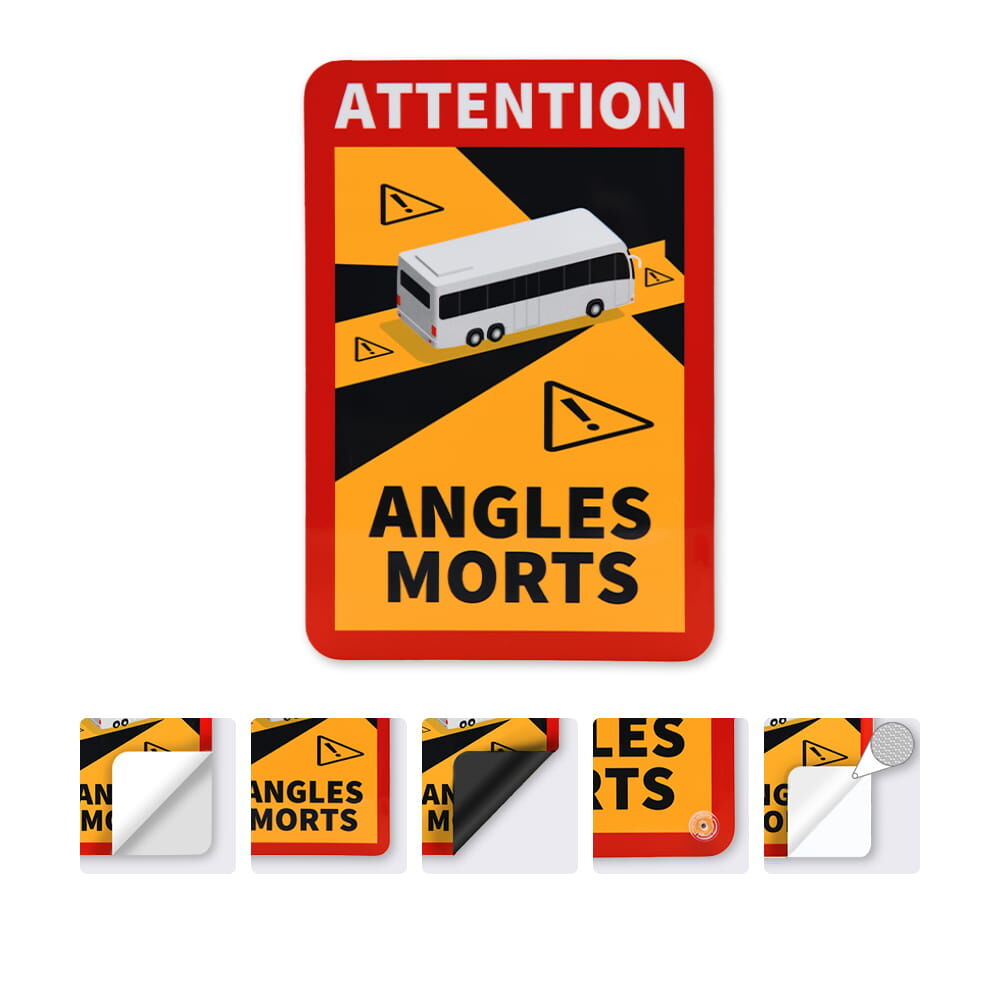Warnschild „Angles Morts“ mit Busmotiv, rot-gelb-schwarz, Variantenvorschau unten