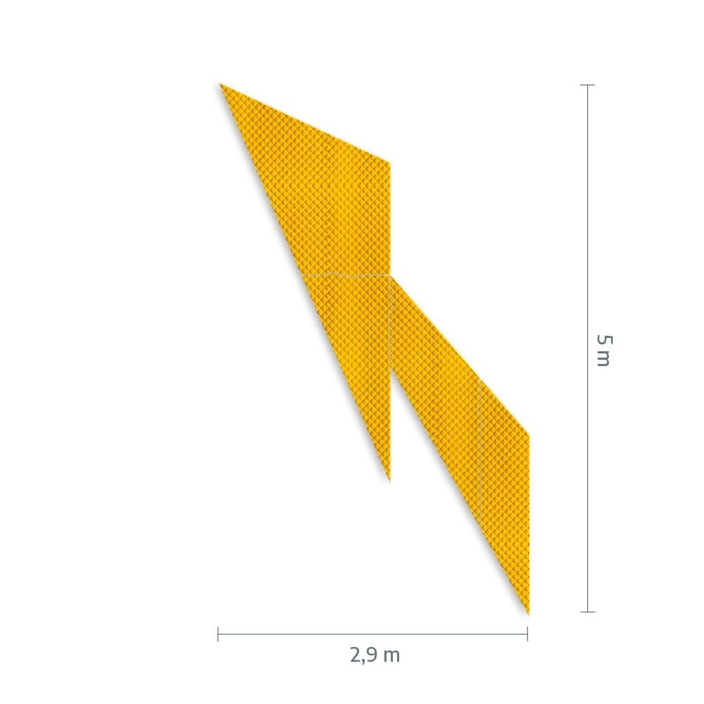 Gelber Richtungspfeil aus 3M Stamark A721 mit Maßangabe: 5 m Länge, 2,9 m Breite