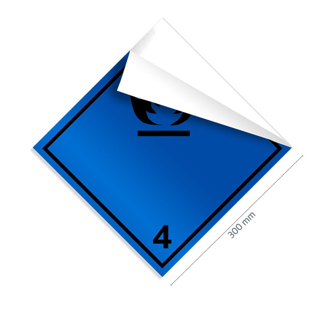 Gefahrgutzettel Klasse 4.3, 300×300 mm, Ecke gelöst zeigt flexible Klebefolie