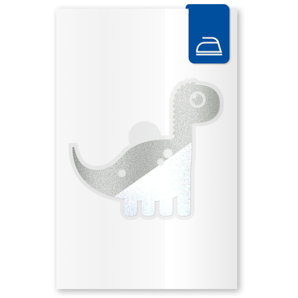 Silberner Dino-Aufbügel-Sticker auf Trägerfolie mit Bügeleisen-Icon