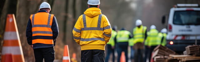 Bauarbeiter in oranger und gelber Warnschutzkleidung arbeiten auf einer Baustelle, umgeben von Baugeräten und Materialien.