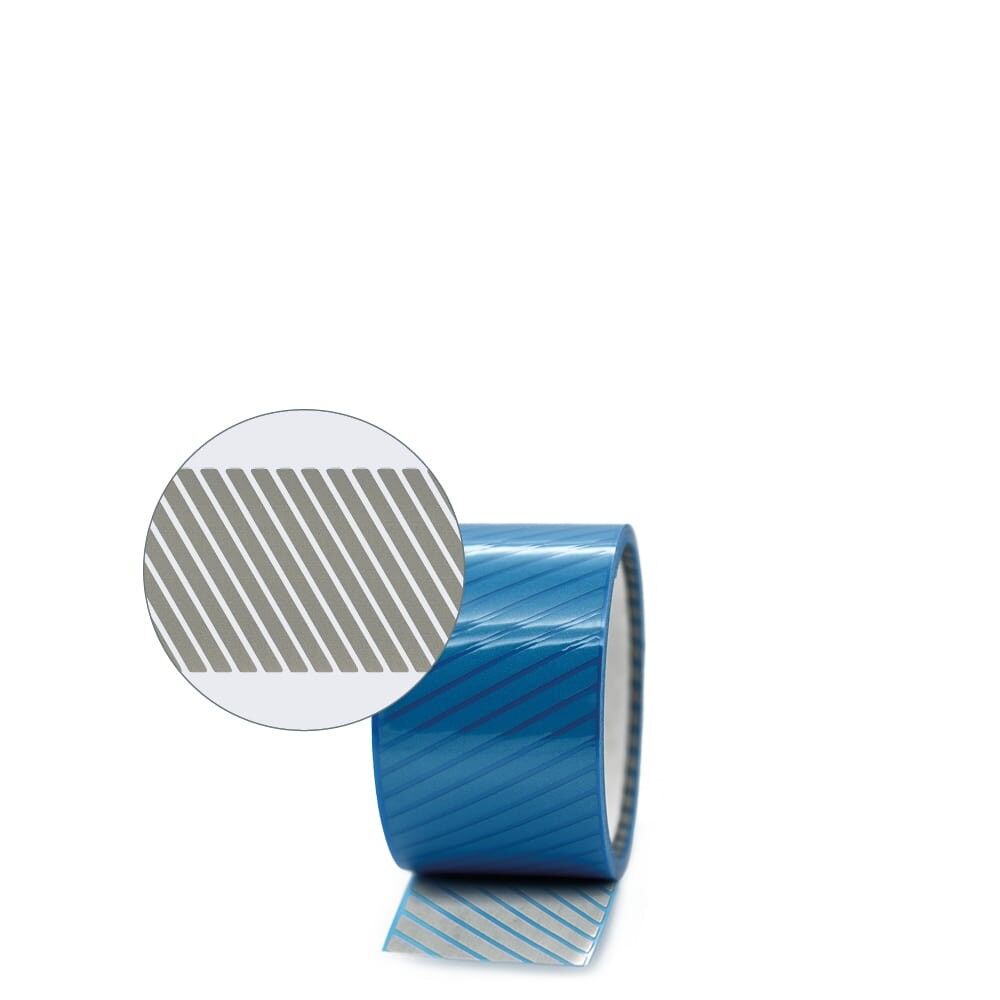 Frontale Ansicht der 5m 3M Scotchlite 5510 Rolle, silber mit blauem Liner. Detailzoom mit Segmenten