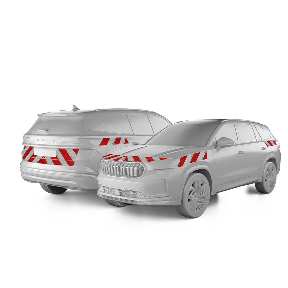 Skoda Kodiaq in Front- und Heckansicht mit Komplettwarnmarkierungssatz, Baujahr 2024