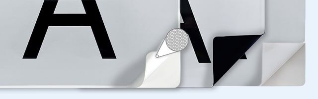 Anbringungsarten: selbstklebend, selbsthaftend und magnetisch Bild zeigt selbstklebende, magnetische und selbsthaftende Ausführung einer A-Tafel im Anschnitt.