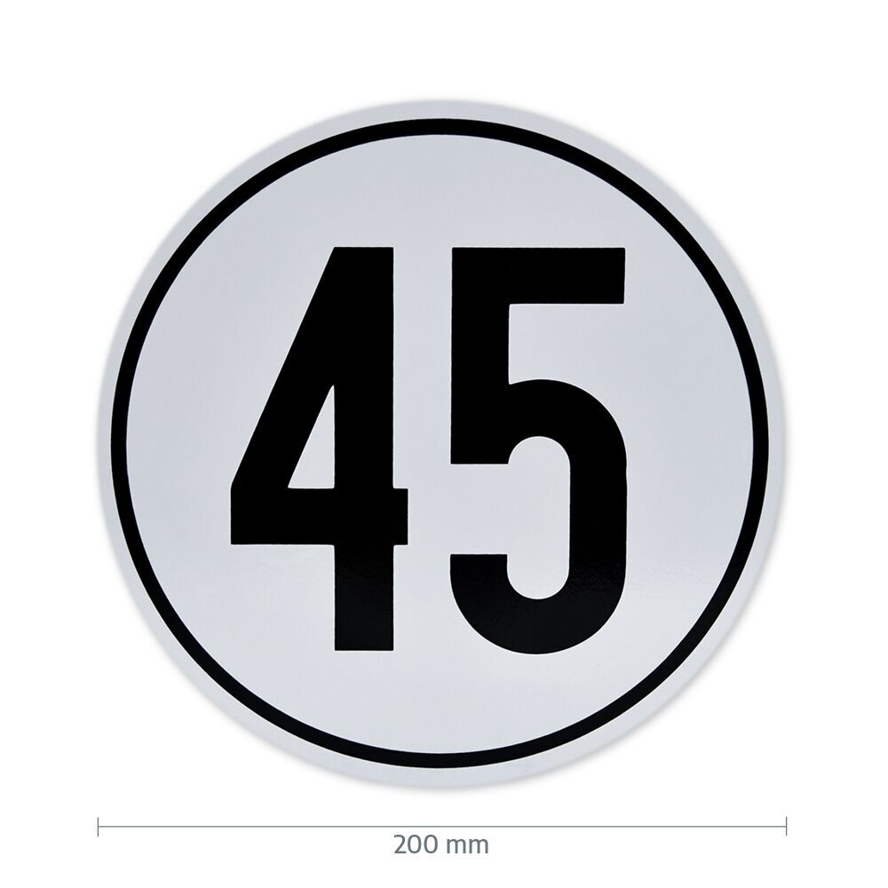 Geschwindigkeitsschild 45 km/h mit Maßangabe 200 mm Durchmesser