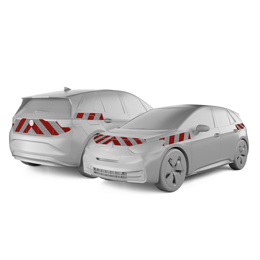 VW ID.3 in Front- und Heckansicht mit Komplettwarnmarkierungssatz, Baujahr 2020