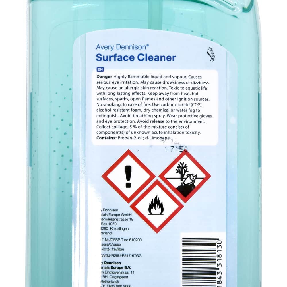 Avery Surface Cleaner, Detailansicht Etikett mit Warn- und Gefahrensymbolen