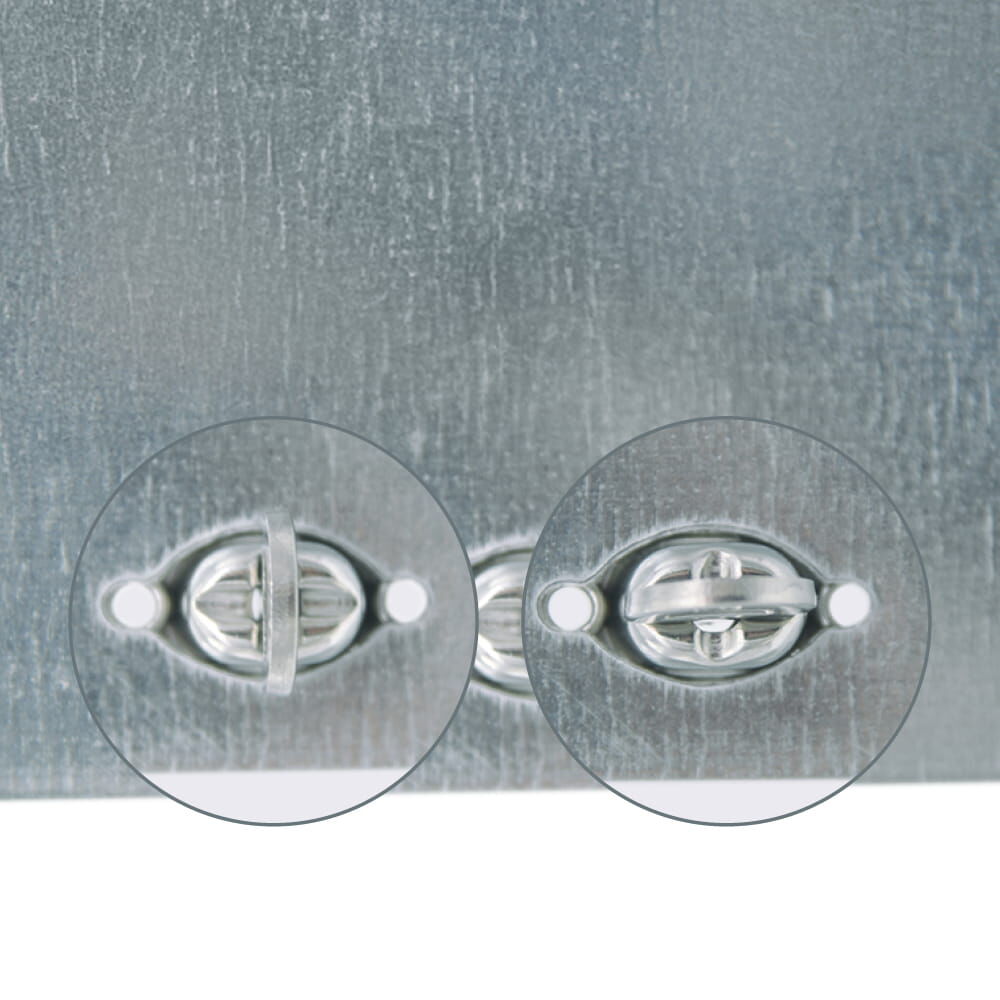 Zwei Detailansichten der Drehverriegelung an einer metallischen  Warntafel-Rückseite