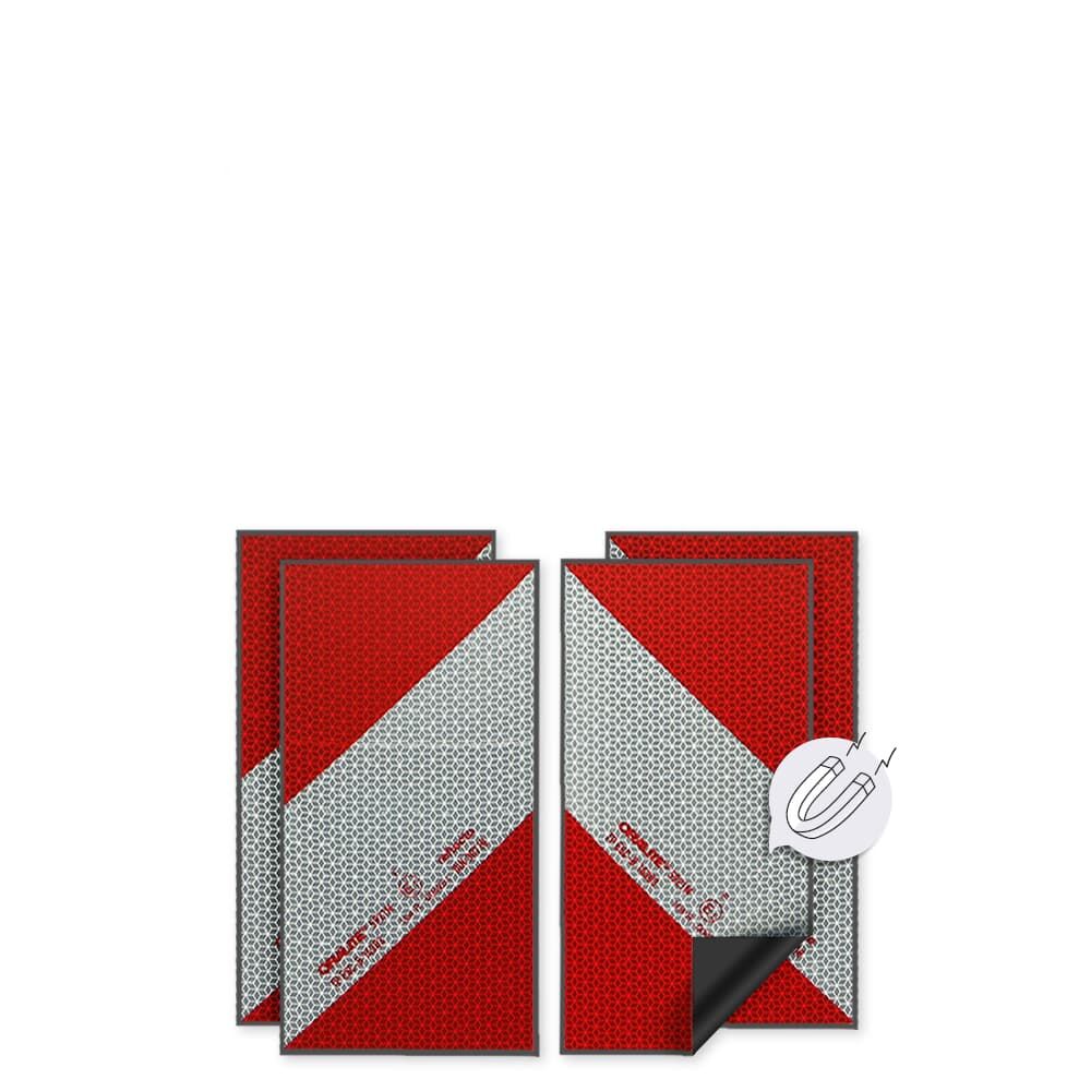 4-teiliges Set Reflecto 5921M Warnmarkierung mit umgeklappter Ecke, zeigt magnetische Rückseite