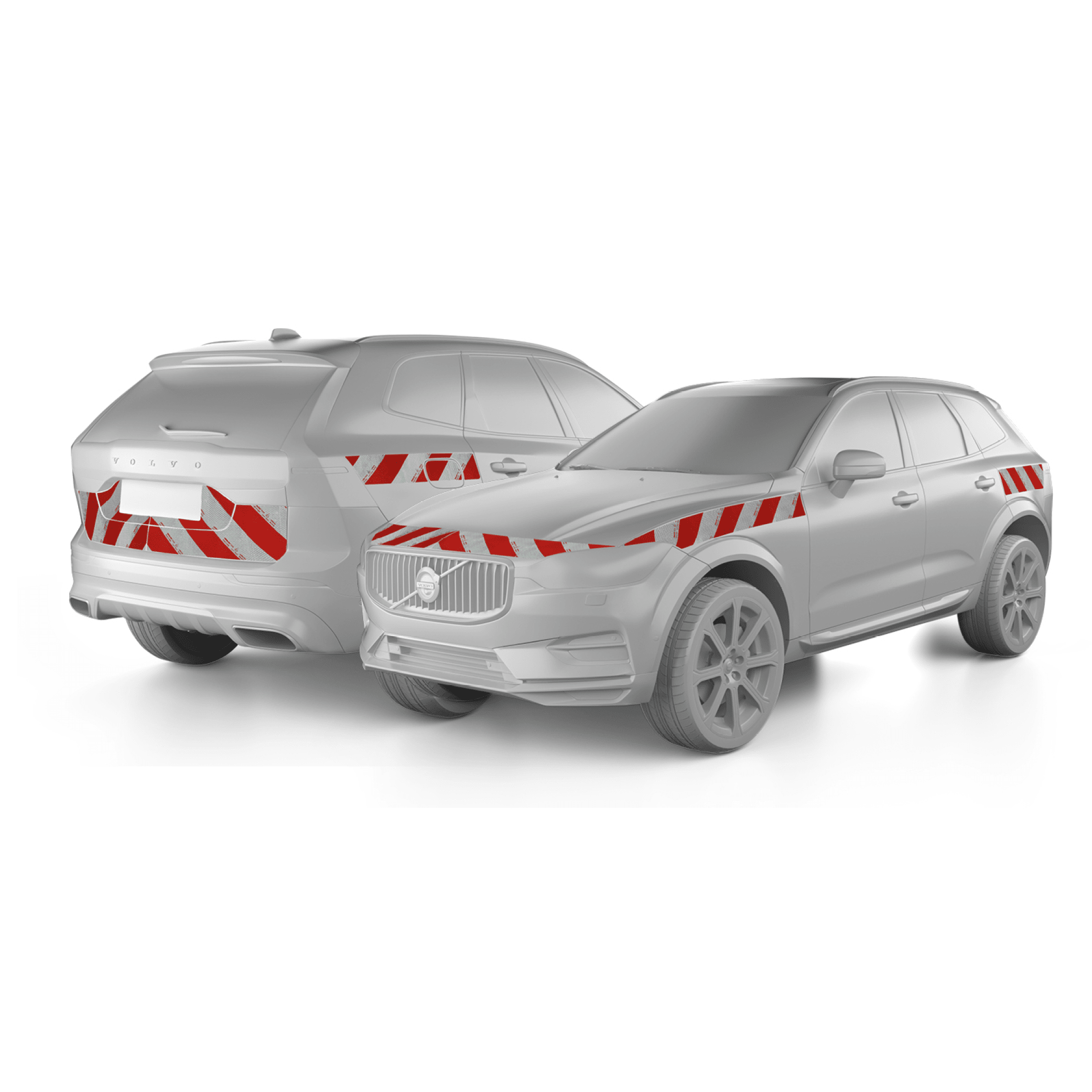 Zwei SUVs mit rot-weißen Warnmarkierungen an Front, Heck und Seitenflächen.