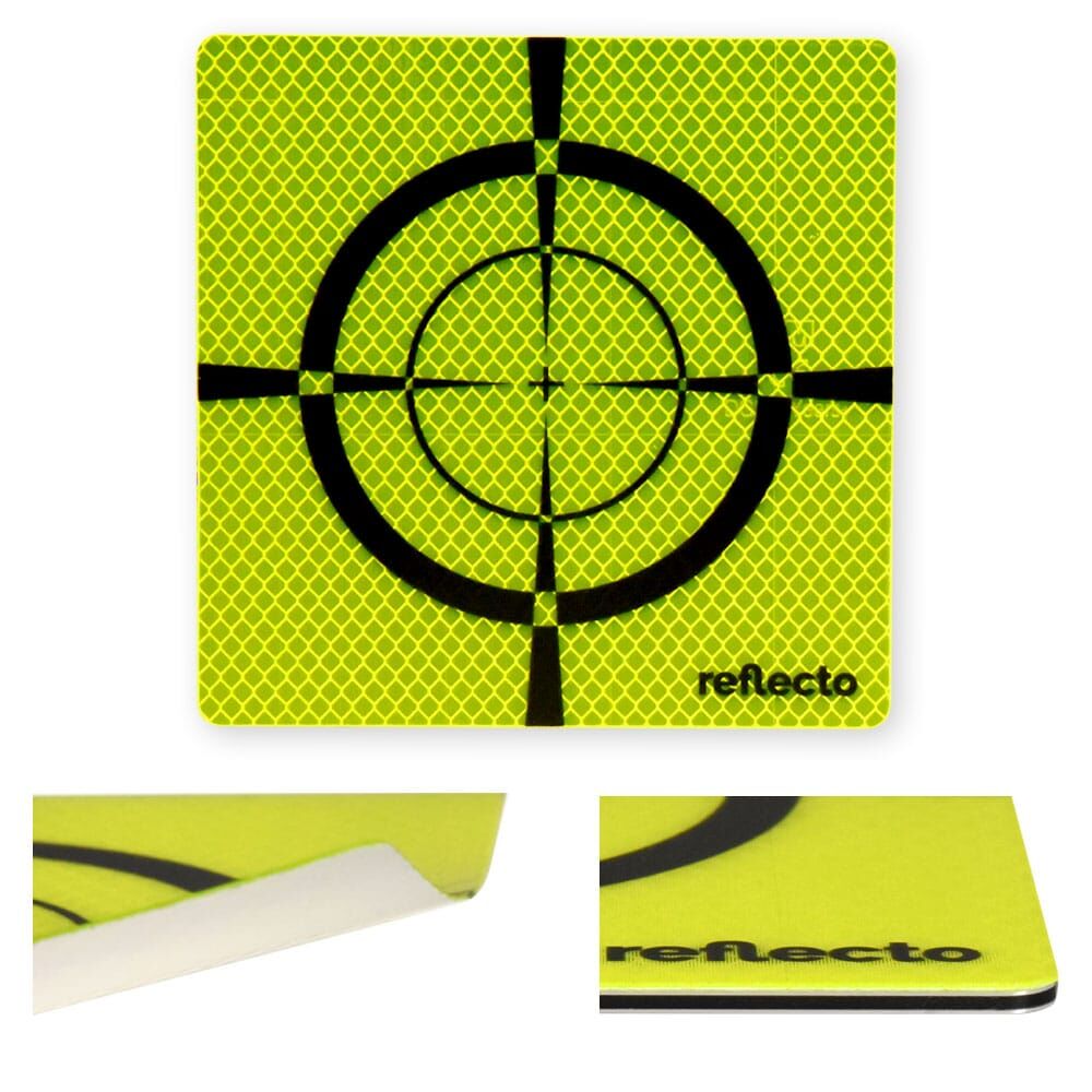 Reflexzielmarke in fluor-lime mit schwarzem Fadenkreuz, erhältlich als selbstklebend oder Aluverbund