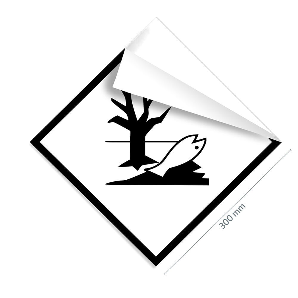 Gefahrgutzettel Klasse Umweltgefährdende Stoffe, 300×300 mm, Ecke gelöst zeigt flexible Klebefolie