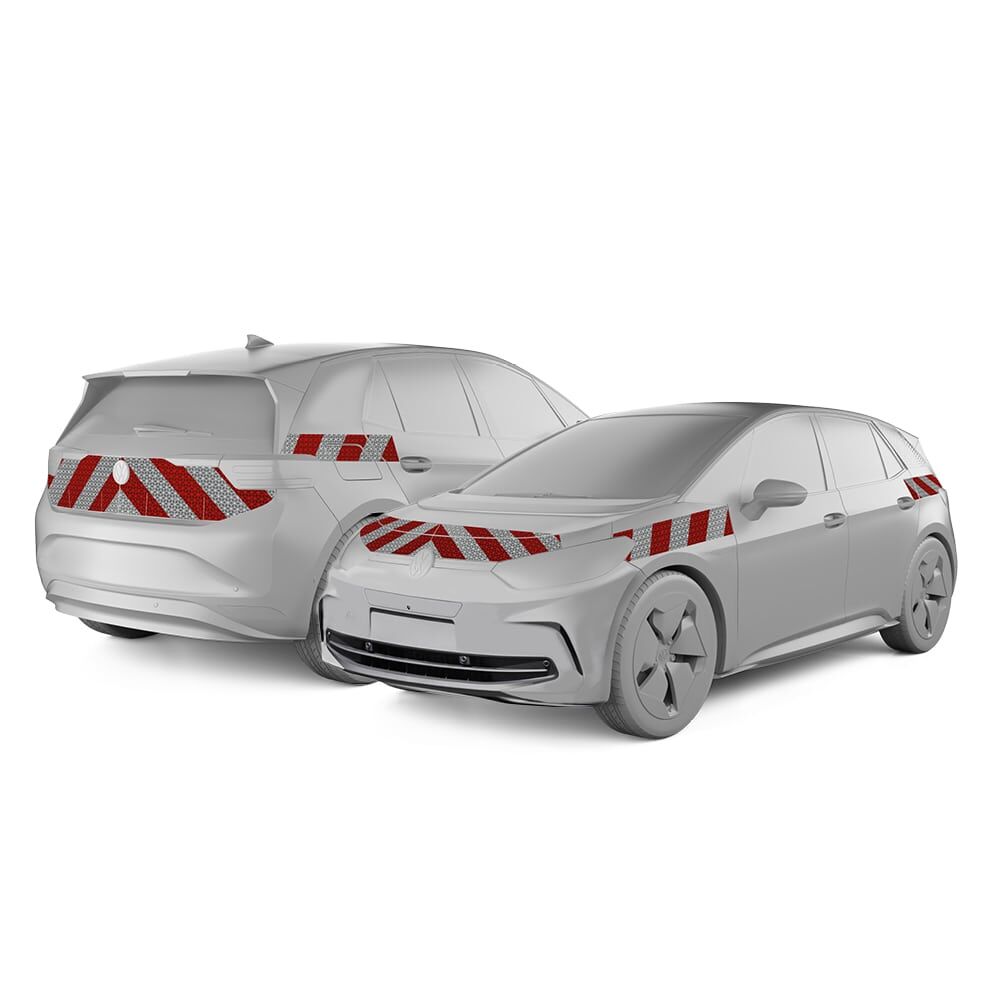 VW ID.3 in Front- und Heckansicht mit Komplettwarnmarkierungssatz, Baujahr 2023