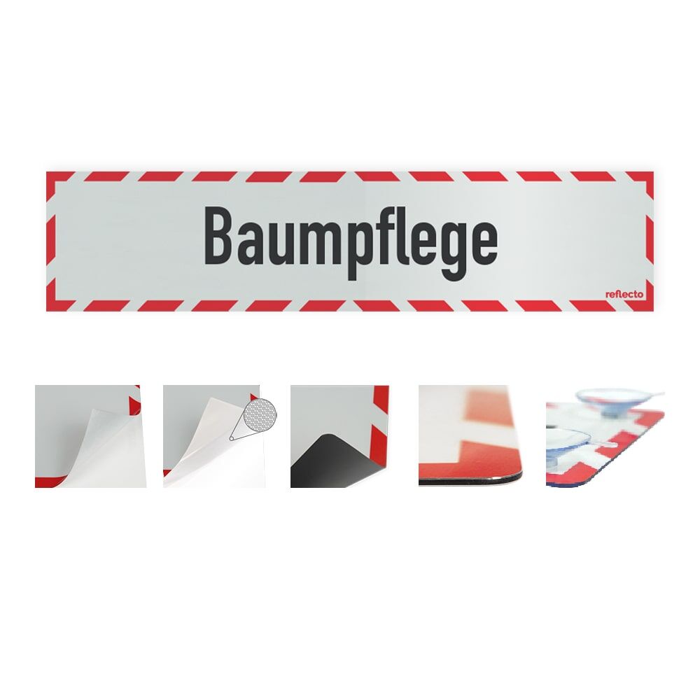 Hinweisschild „Baumpflege“ mit rot-weißem Rahmen, Variantenübersicht