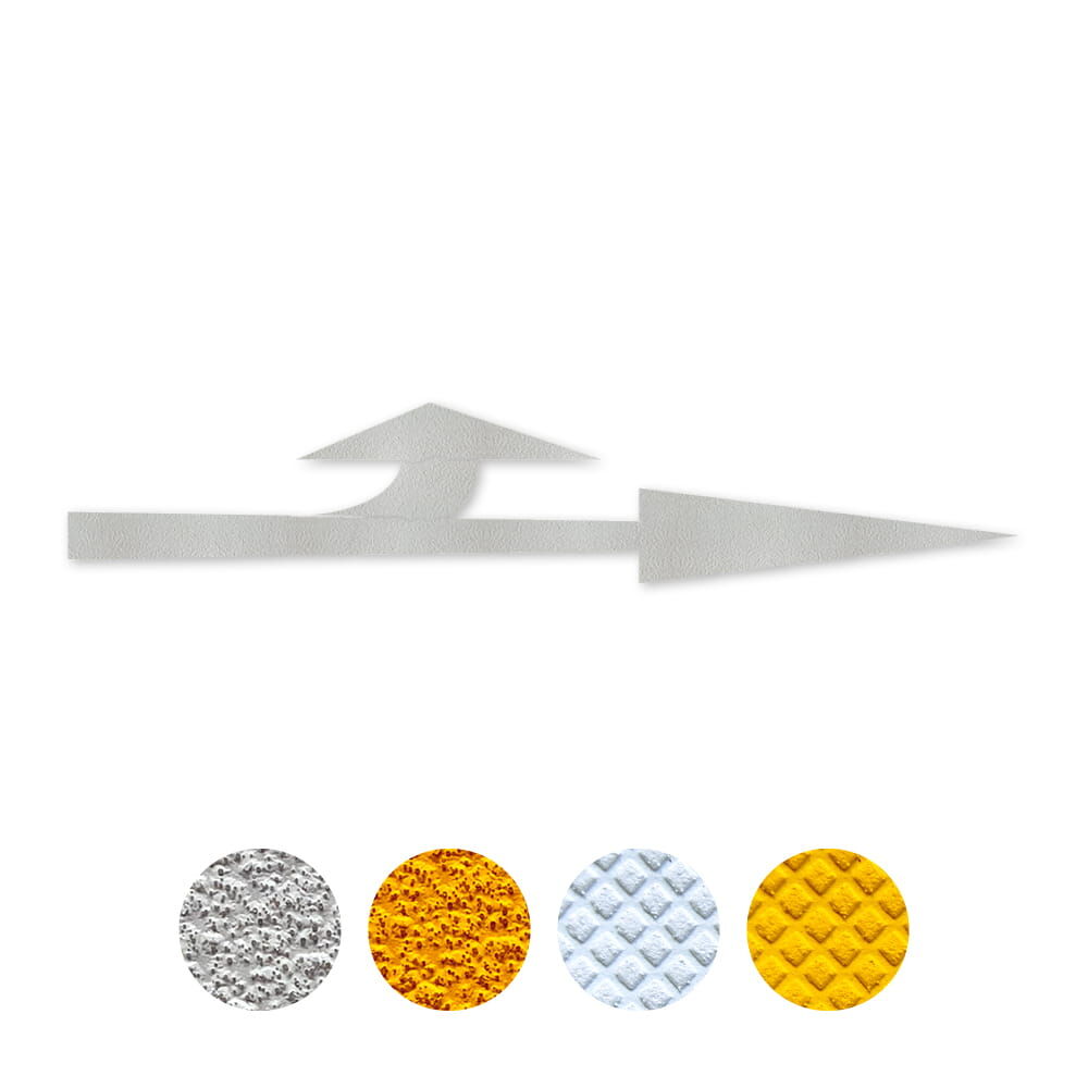 Selbstklebender Pfeil "Mischpfeil links", erhältlich in weiß und gelb, Verkehrsklasse P6 oder P7